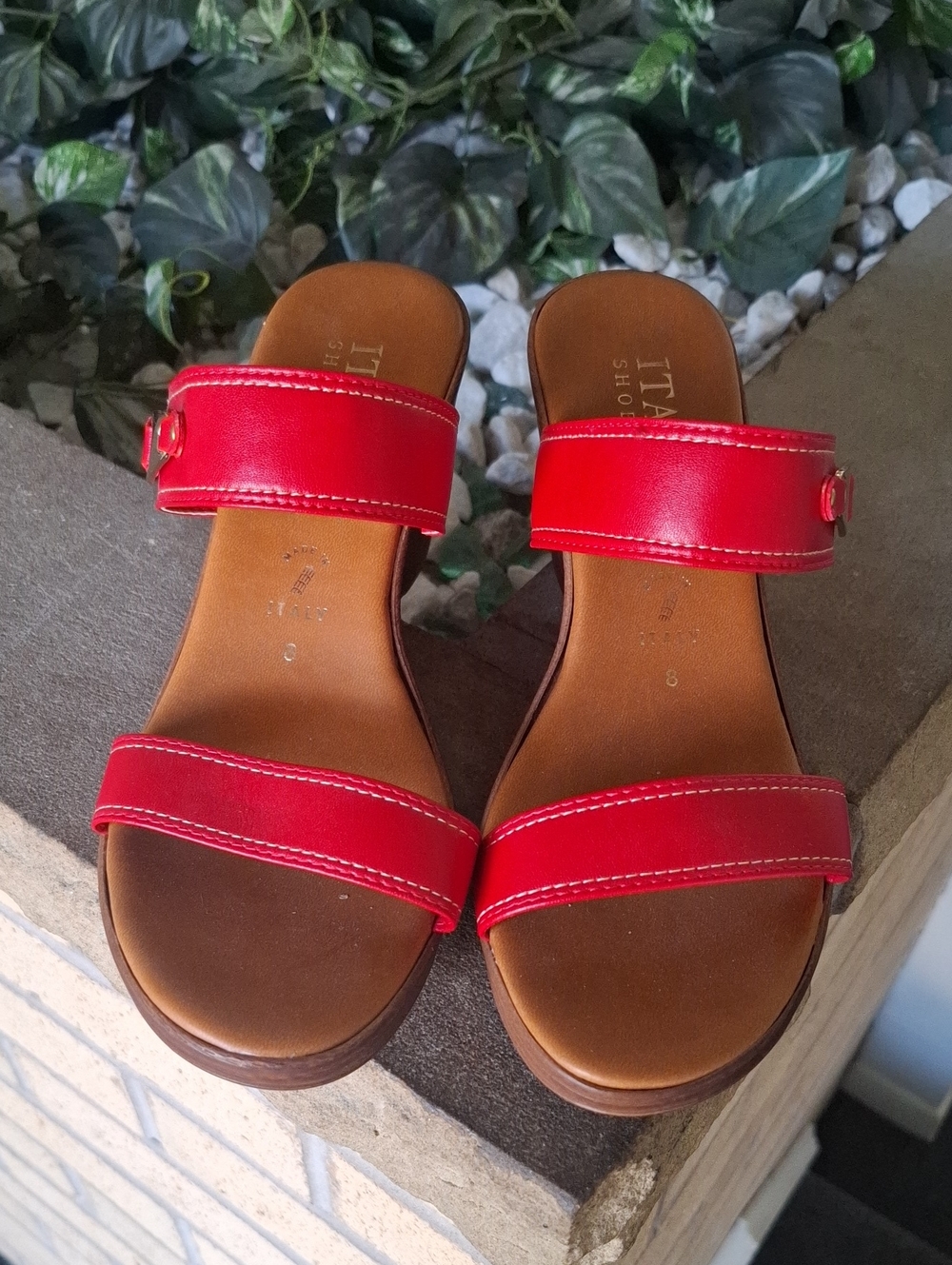 Italian Shoemakers Red Leather Double-Strap Sandals Mallory Wedge 8